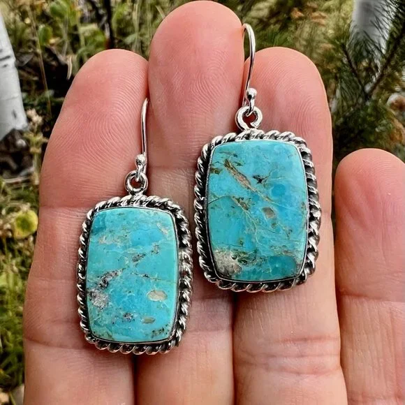 Sundance $228 NEW Kingman Turquoise Sterling Silver Handmade Rectangle Earrings - Picture 1 of 8